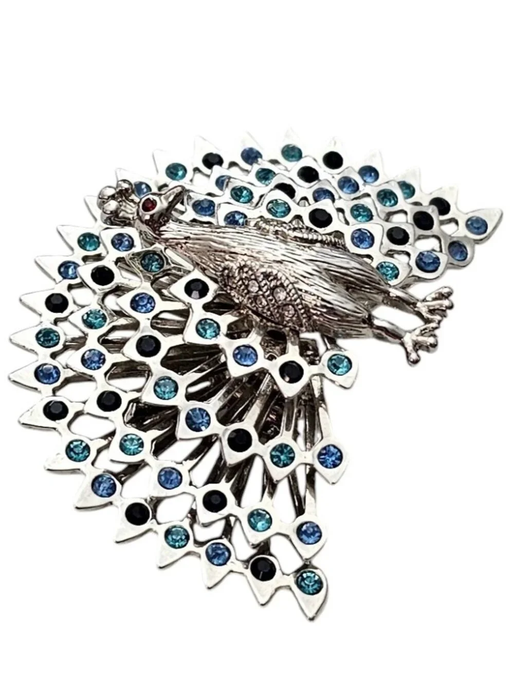 Peacock Brooch Blue Teal, Black Rhinestone Pin L574